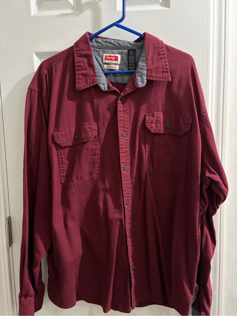 Wrangler flex for Comfort Maroon Button-Up Shirt with Gray Chambray Trim